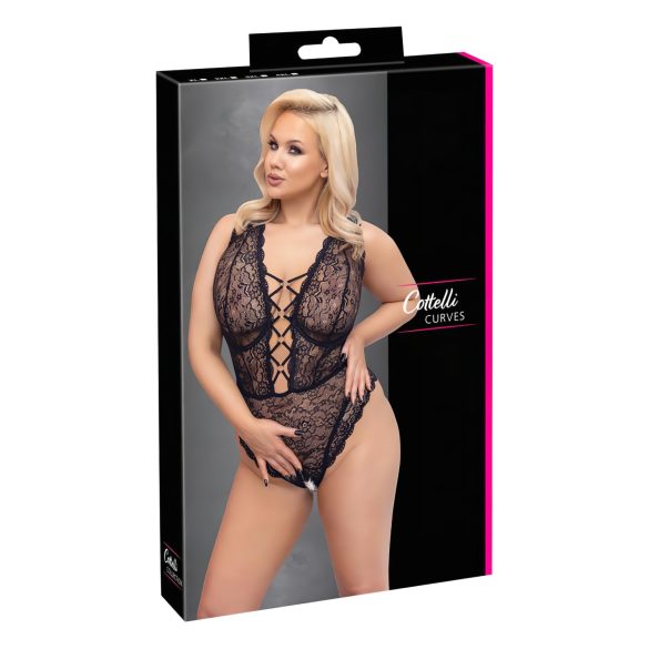 Cottelli Curves Plus Size - body transparent negru cu model