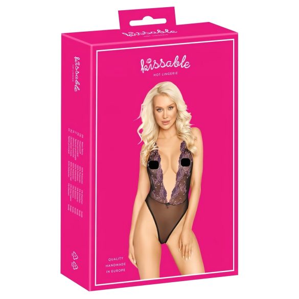 Body negru cu broderie roz Kissable