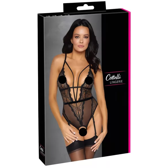 Cottelli - body deschis cu bretele și portjartier - negru - L