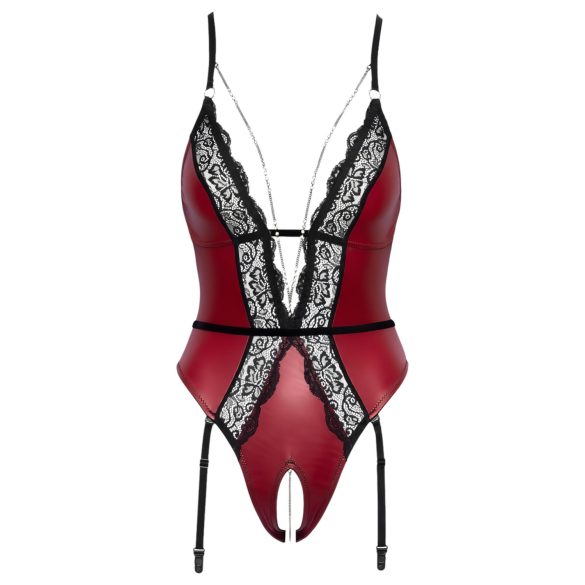 Abierta Fina - body deschis cu portjartier (negru-roșu) - L