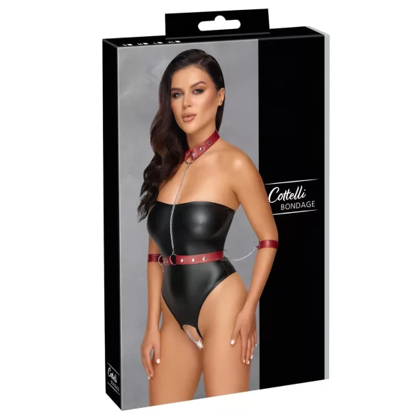 Cottelli Bondage - body lucios și cătușe pentru brațe (negru) - L