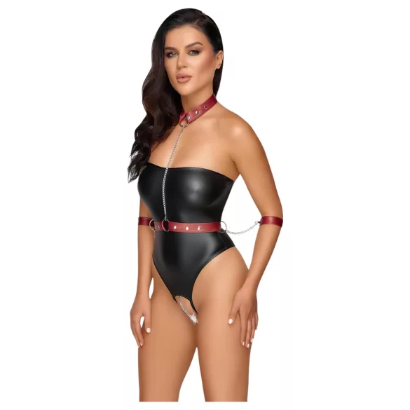 Cottelli Bondage - body lucios și cătușe pentru brațe (negru) - L