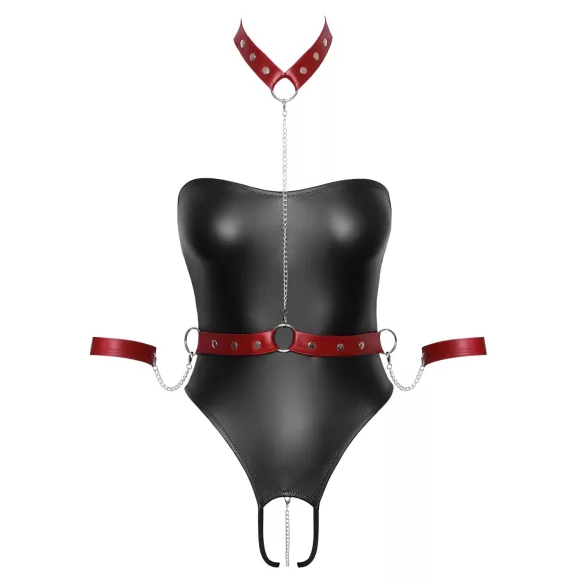 Cottelli Bondage - body lucios și cătușe pentru brațe (negru) - L