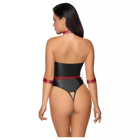 Cottelli Bondage - body lucios și cătușe pentru brațe (negru) - L