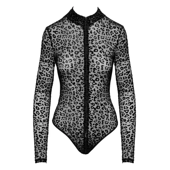 Noir - body negru cu mânecă lungă și model leopard
