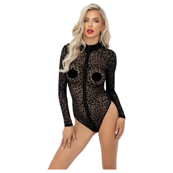 Noir - body negru cu mânecă lungă și model leopard - M