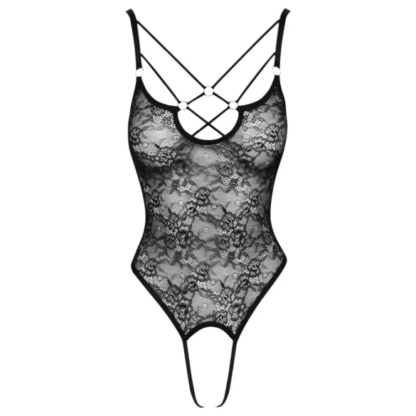 Cottelli - body din dantelă transparentă cu deschidere - negru - XL