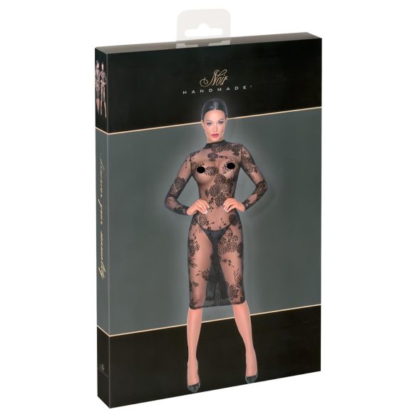 Noir - rochie neagră, transparentă, florală cu mâneci lungi - M