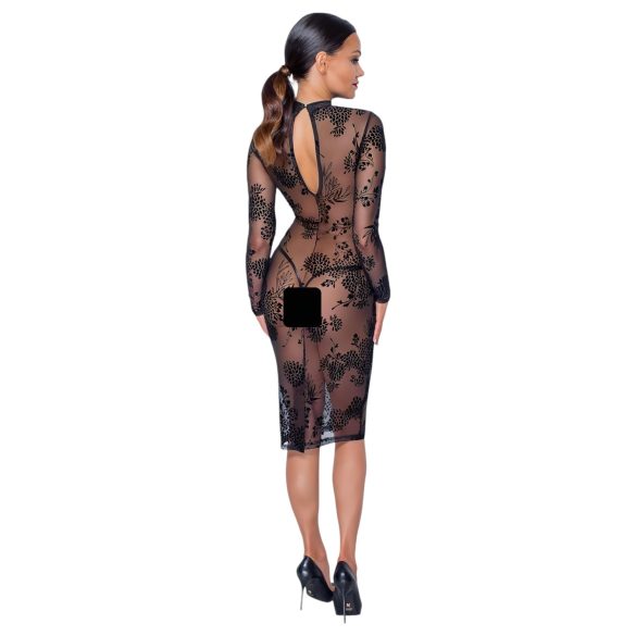 Noir - rochie neagră, transparentă, florală cu mâneci lungi - M