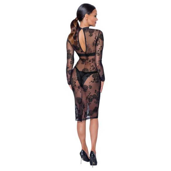 Noir - rochie neagră, transparentă, florală cu mâneci lungi - M