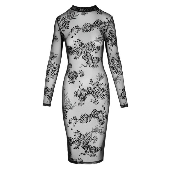 Noir - rochie neagră, transparentă, florală cu mâneci lungi - M