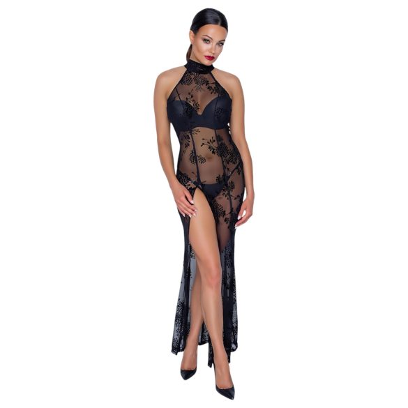 Noir - rochie lungă, transparentă, florală (negru) - XL