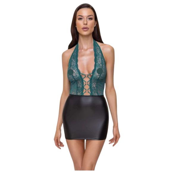 Cottelli - Rochie lucioasă cu dantelă și șireturi (negru-verde) - XL