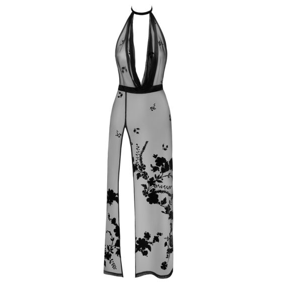 Noir - Rochie lungă neagră, complet transparentă cu model floral - M