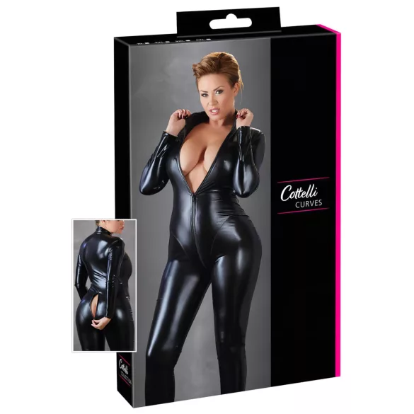 Cottelli Plus Size - salopetă party lucioasă cu mâneci lungi - negru - 3XL