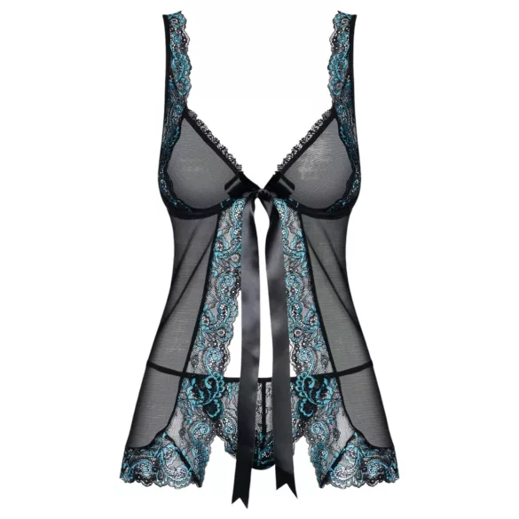Obsessive - babydoll și tanga sexy brodate - negru-turcoaz