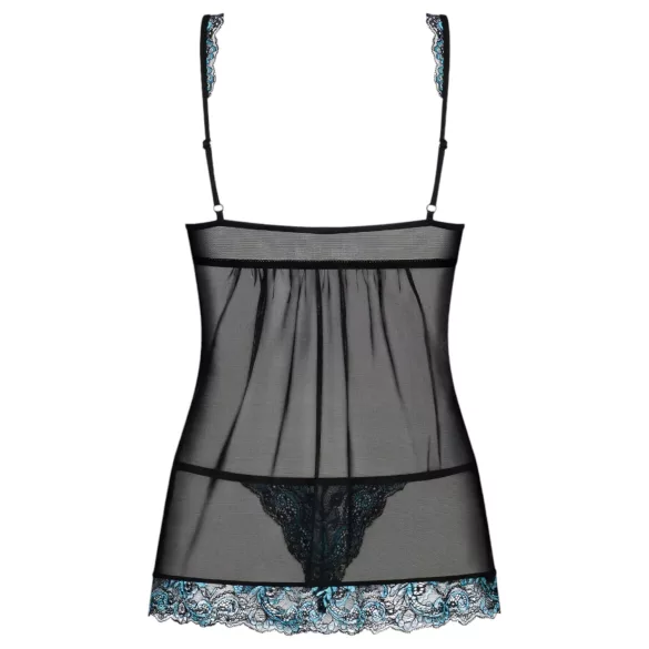 Obsessive - babydoll și tanga sexy brodate - negru-turcoaz