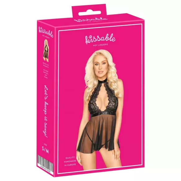 Kissable - babydoll scurt cu guler, dantelă - negru