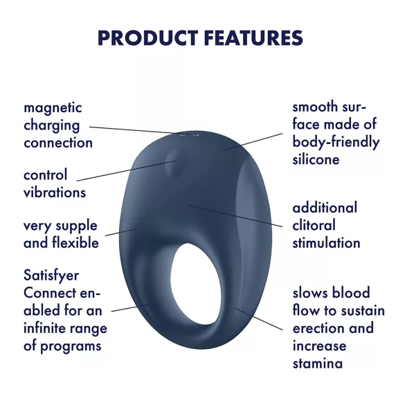 Satisfyer Strong One - Inel penian cu vibrații controlat prin aplicație, pentru bărbați (albastru)