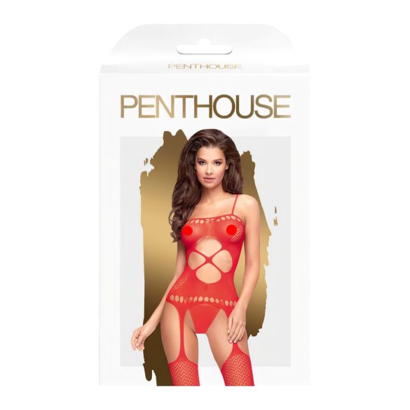 Penthouse - set sexy din plasă neagră cu deschidere, model ondulat - roșu