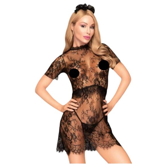 Penthouse Poison Cookie - Rochie dantelată, chilot și accesoriu de păr (negru)