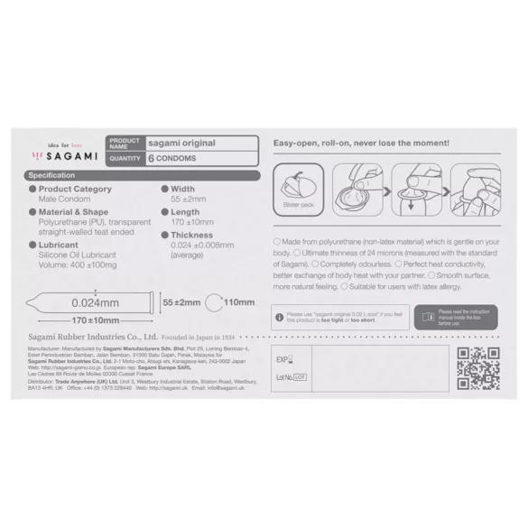 Sagami Original 0.02 - prezervativ - ultra subțire - 55mm - 6 bucăți