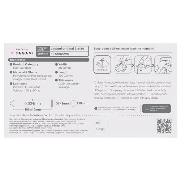 Sagami Original 0,02 L - prezervative ultra subțiri - 58mm - 12 bucăți