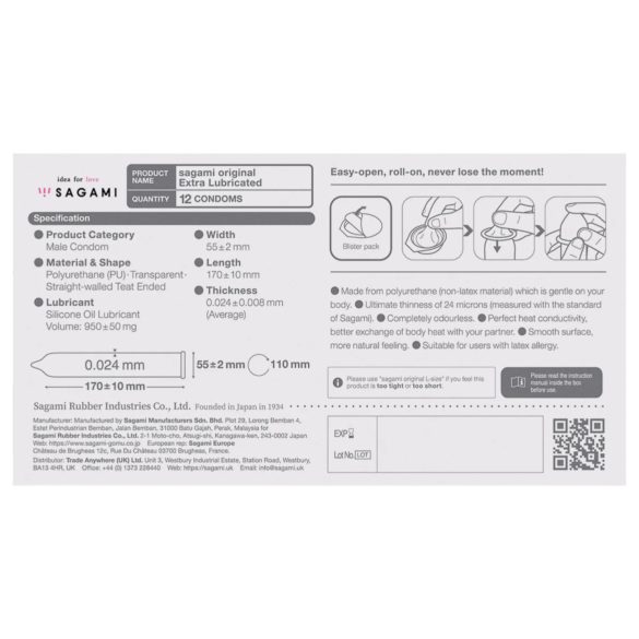 Sagami Original 0.02 - prezervative extra lubrifiate - 55mm - 12 bucăți