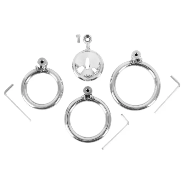 colecție fetish - mini cușcă pentru penis cu 3 inele interschimbabile pentru testicule (argintiu)