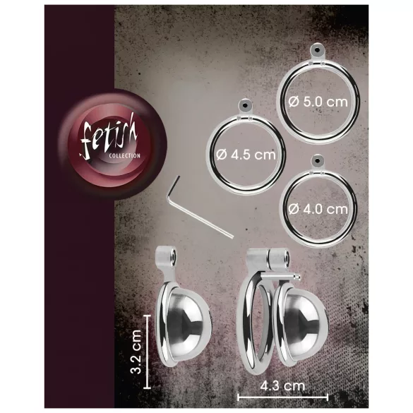 colecție fetish - mini cușcă pentru penis cu 3 inele interschimbabile pentru testicule (argintiu)