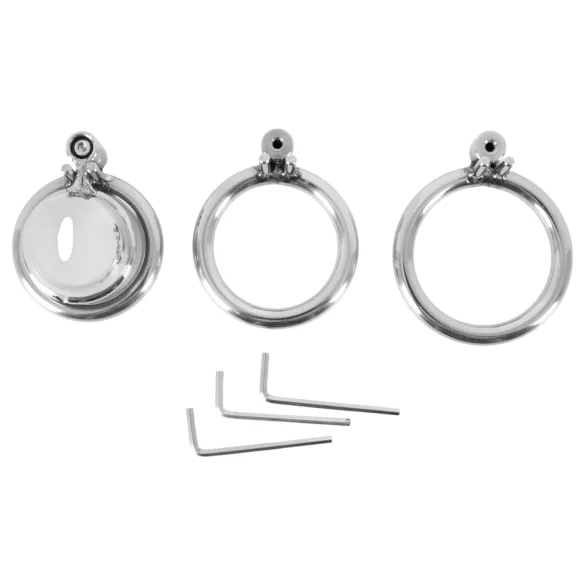 colecție fetish - mini cușcă pentru penis cu 3 inele interschimbabile pentru testicule (argintiu)