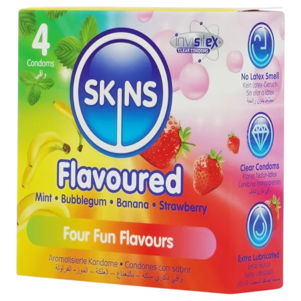 Skins - prezervative aromate - mentă, gumă de mestecat, banană, căpșună (4 bucăți)