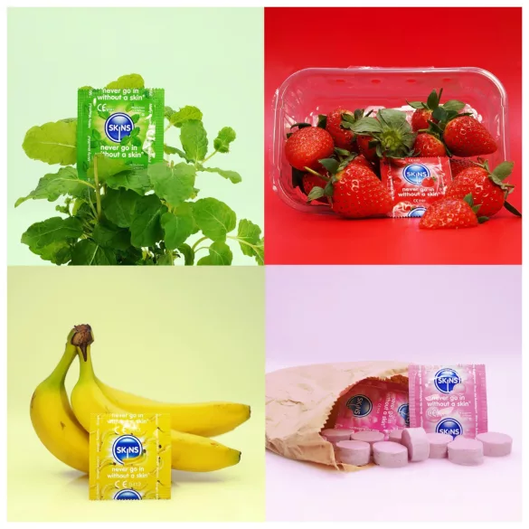 Skins - prezervative aromate - mentă, gumă de mestecat, banană, căpșună (4 bucăți)