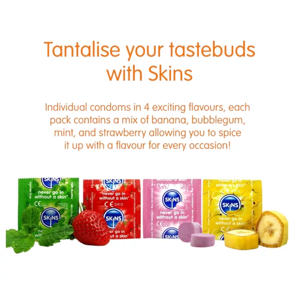 Skins - prezervative aromate - mentă, gumă de mestecat, banană, căpșună (4 bucăți)