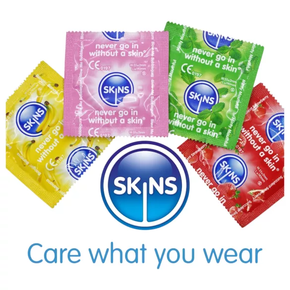 Skins - prezervative aromate - mentă, gumă de mestecat, banană, căpșună (4 bucăți)