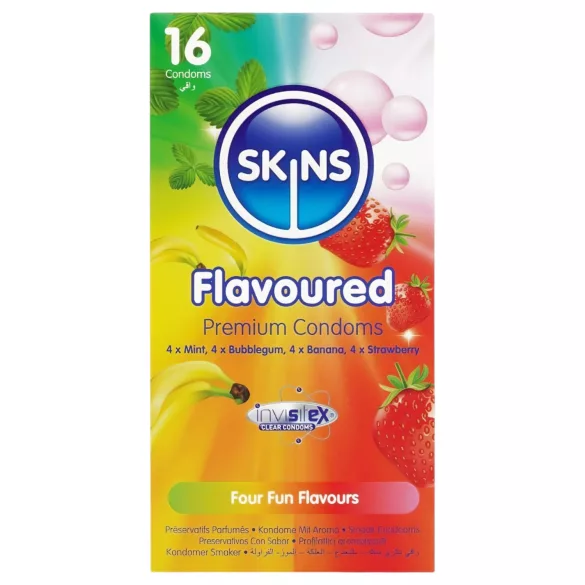 Skins - prezervative cu arome - mentă, gumă de mestecat, banană, căpșună (16 bucăți)