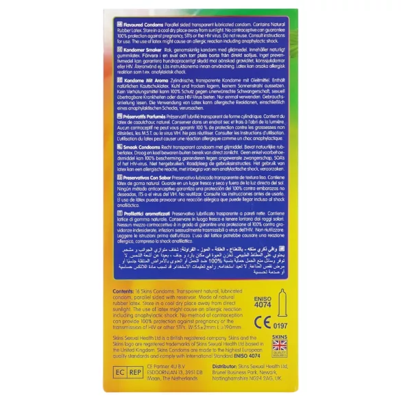 Skins - prezervative cu arome - mentă, gumă de mestecat, banană, căpșună (16 bucăți)