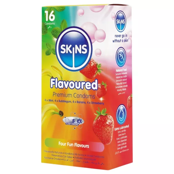 Skins - prezervative cu arome - mentă, gumă de mestecat, banană, căpșună (16 bucăți)