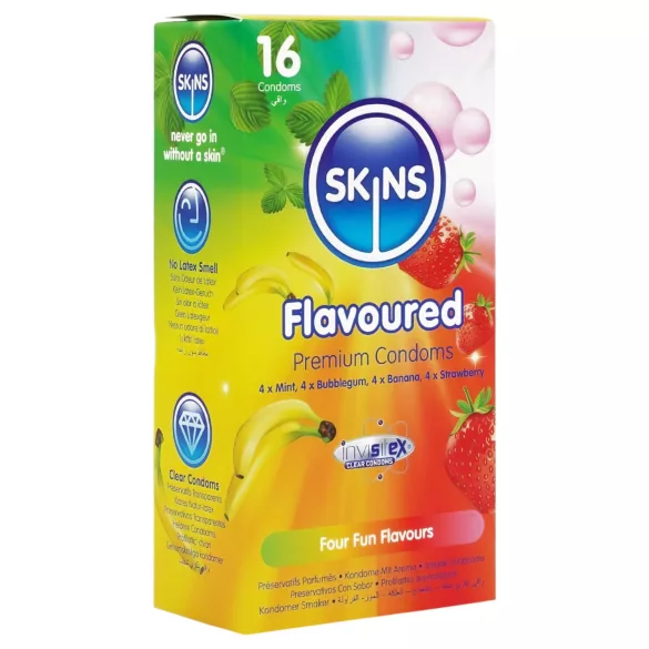 Skins - prezervative cu arome - mentă, gumă de mestecat, banană, căpșună (16 bucăți)