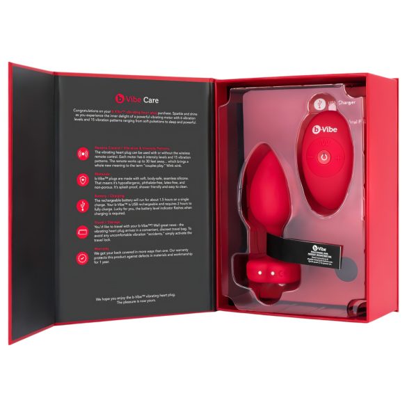 b-vibe heart - vibrator anal roșu, reîncărcabil și cu telecomandă