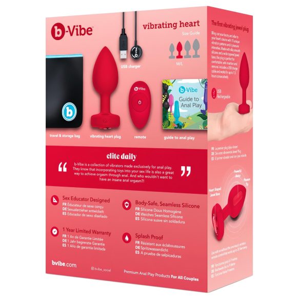 b-vibe heart - vibrator anal roșu, reîncărcabil și cu telecomandă