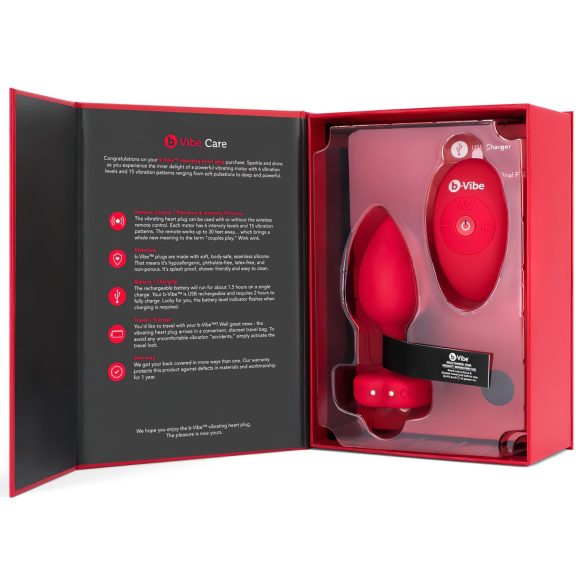 b-vibe heart - vibrator anal roșu, reîncărcabil și cu telecomandă