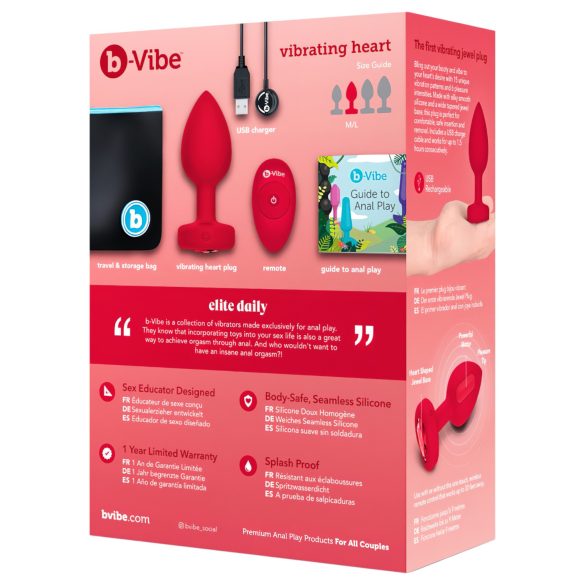 b-vibe heart - vibrator anal roșu, reîncărcabil și cu telecomandă
