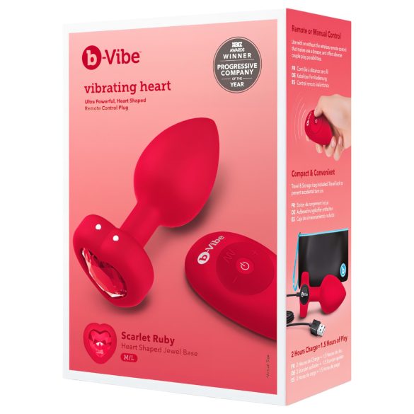 b-vibe heart - vibrator anal roșu, reîncărcabil și cu telecomandă