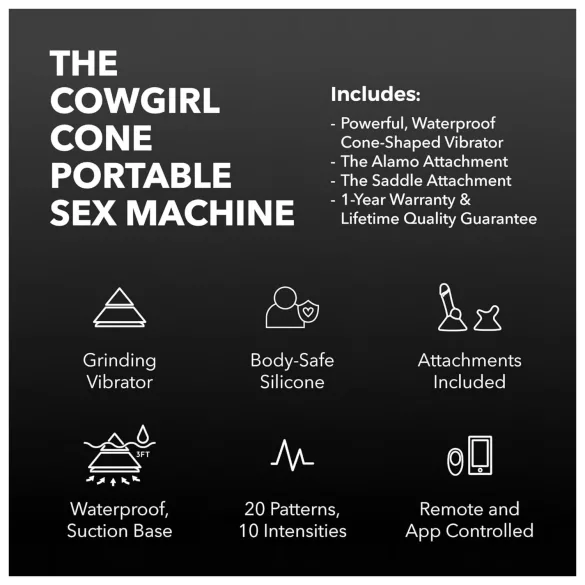 The Cowgirl Cone - mașină sexuală premium controlată prin aplicație - cu 2 capete interschimbabile, 20 moduri de vibrație (negru)