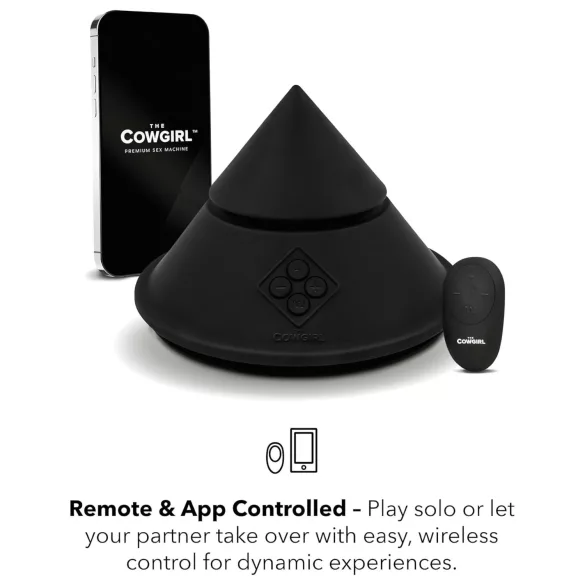 The Cowgirl Cone - mașină sexuală premium controlată prin aplicație - cu 2 capete interschimbabile, 20 moduri de vibrație (negru)