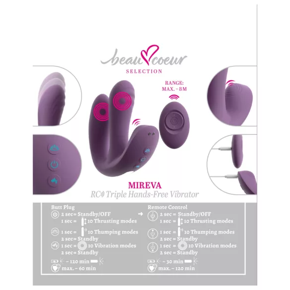 Beau Coeur Mireva - vibrator triplu cu brațe și telecomandă - mov