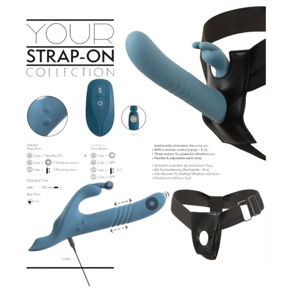 You2Toys - Vibrator cu iepuraș pentru strap-on, cu 3 piese și telecomandă (albastru)
