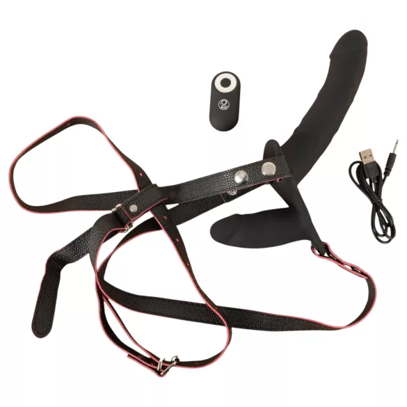 You2Toys - vibrator dublu cu curea, cu telecomandă (negru)