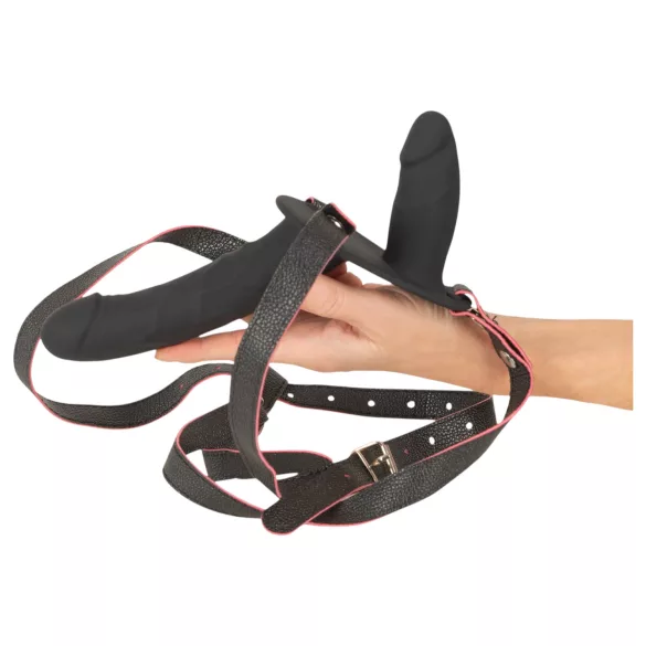 You2Toys - vibrator dublu cu curea, cu telecomandă (negru)